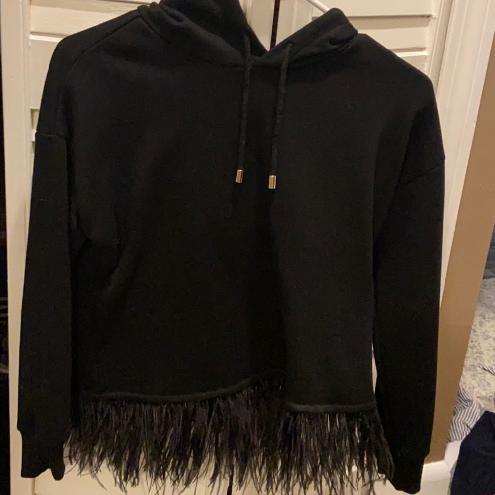 Aqua xs black sweatshirt with feather fringe